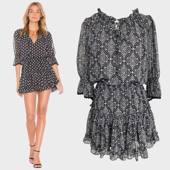Misa Los Angeles Dresses & Skirts - MISA Los Angeles Printed Split-Neck Blouson Tiered Ruffle Mini Dress Size Small